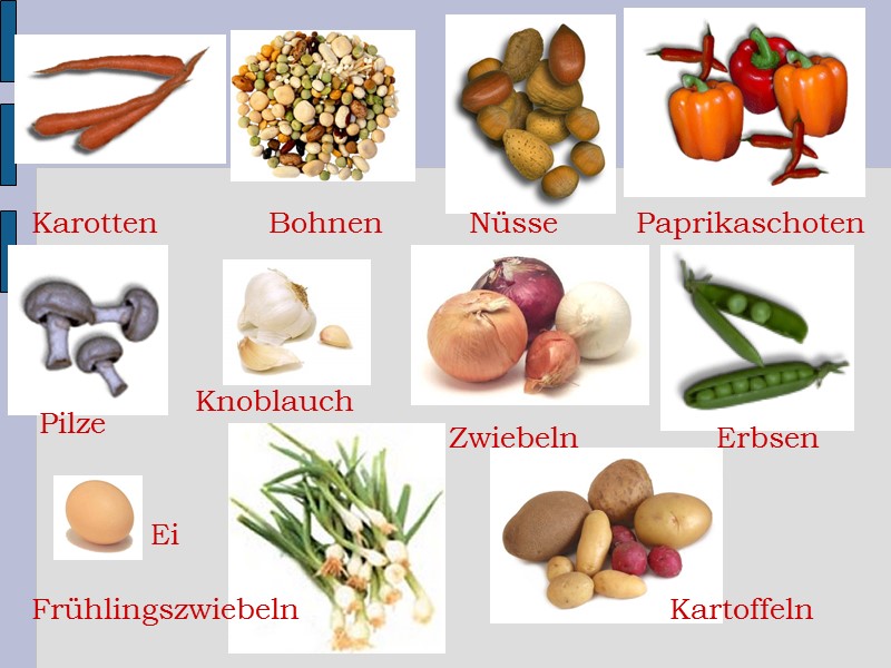 Karotten Nüsse Pilze Erbsen Paprikaschoten  Frühlingszwiebeln  Bohnen Zwiebeln Kartoffeln Knoblauch Ei